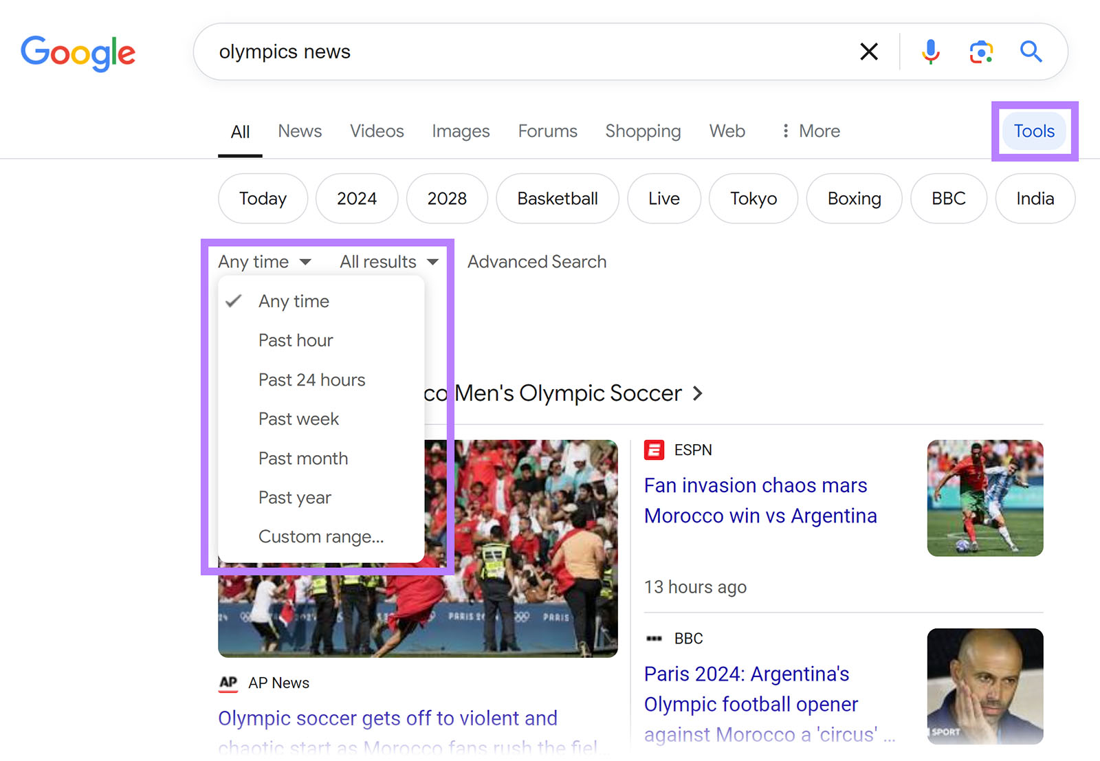 Google search results for 'olympic news' with Tools button clicked and time period dropdown expanded and highlighted