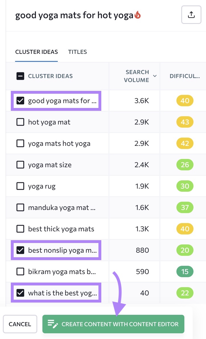 Keywords selected and "Create content with content editor" highlighted on SE Ranking.