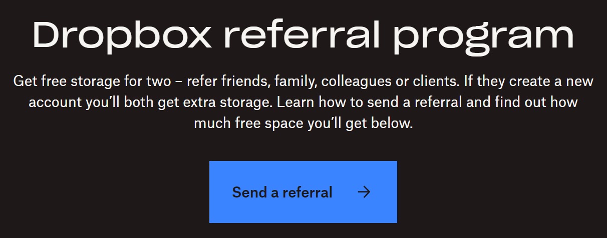 "Dropbox referral program" headline with "Send a referral" CTA button