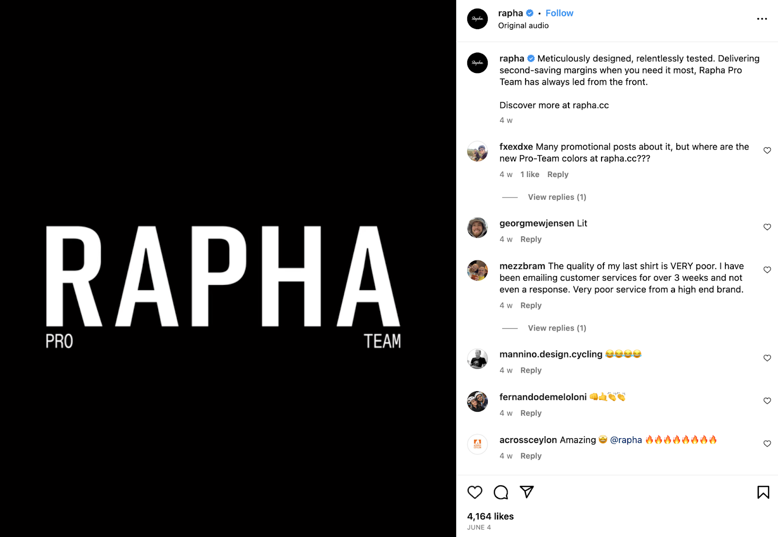 an example of an organic Instagram post from cycling brand Rapha with likes and comments section