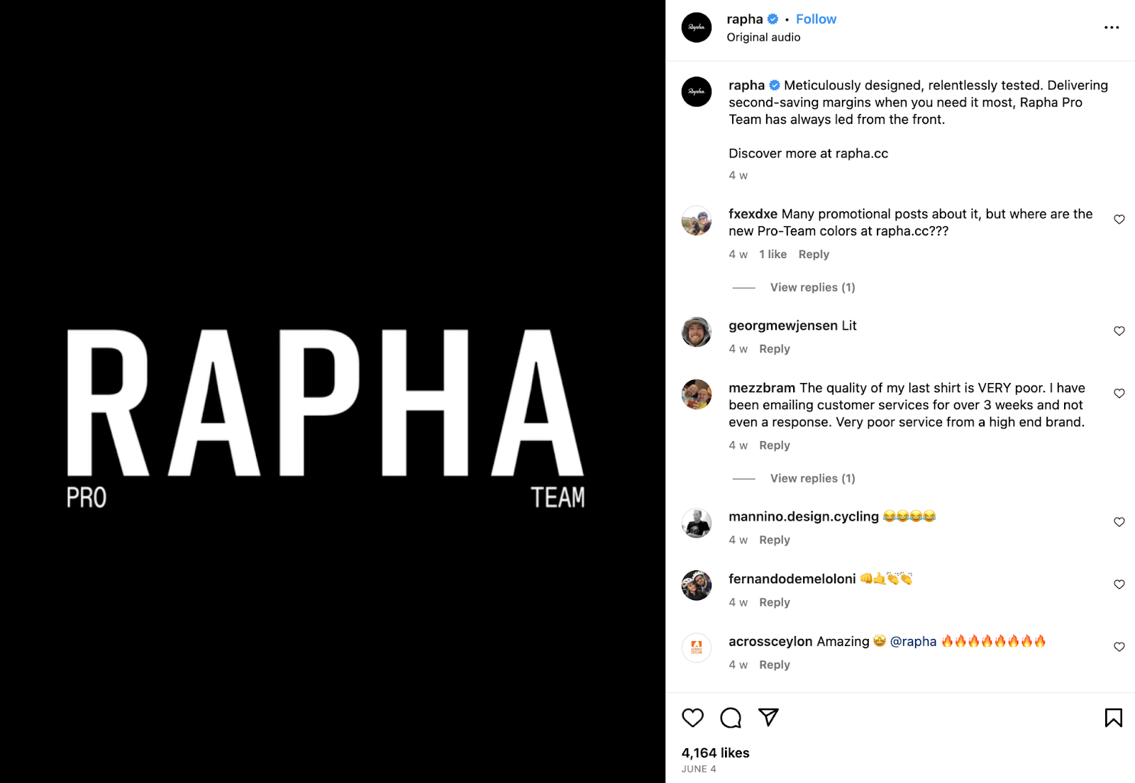 un ejemplo de una publicación orgánica de Instagram de la marca de ciclismo Rapha con una sección de Me gusta y comentarios