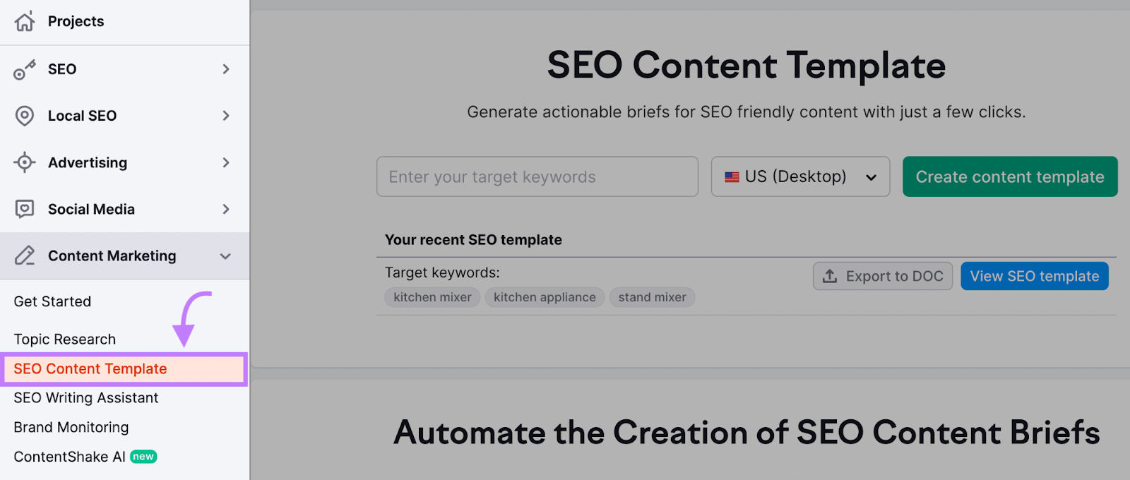 “SEO Content Template” highlighted in menu