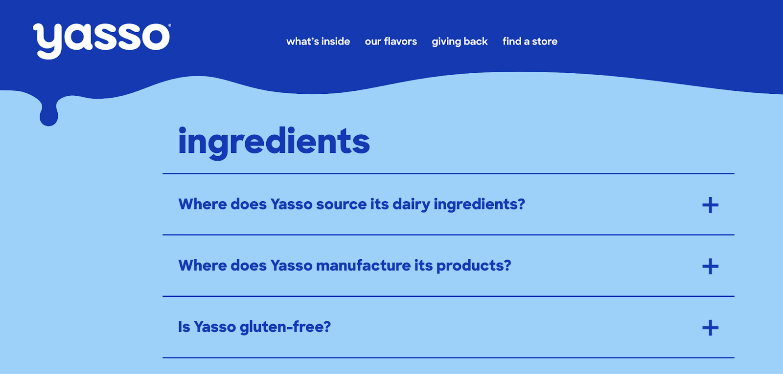 yasso drop down menu reveals answers to questions about ingredients