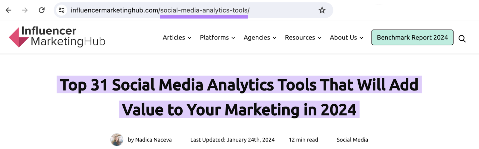 The slug for a blog titled "Top 31 Social Media Analytics Tools That Will Add Value to Your Marketing in 2024" is "social-media-analytics-tools"