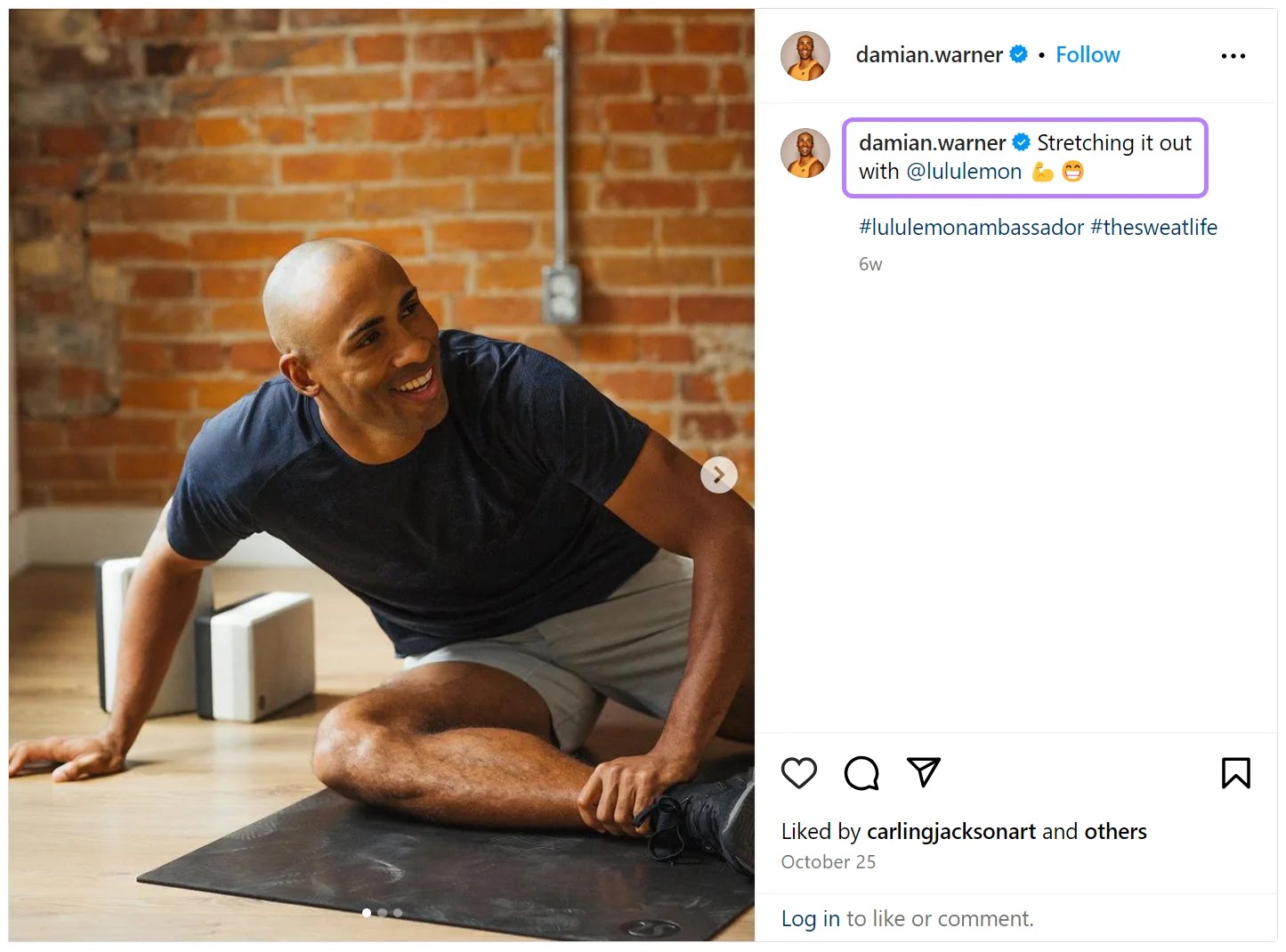 Damian Warner's Instagram post promoting Lululemon