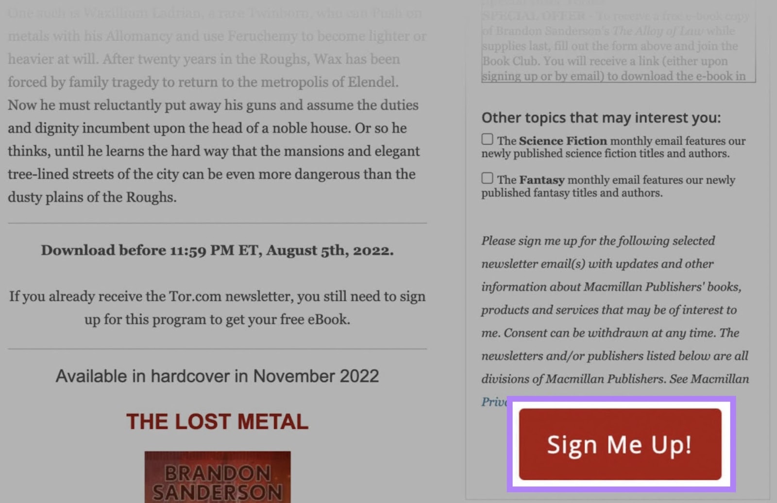 Page de destination des livres Tor avec Inscrivez-moi ! CTA mis en évidence