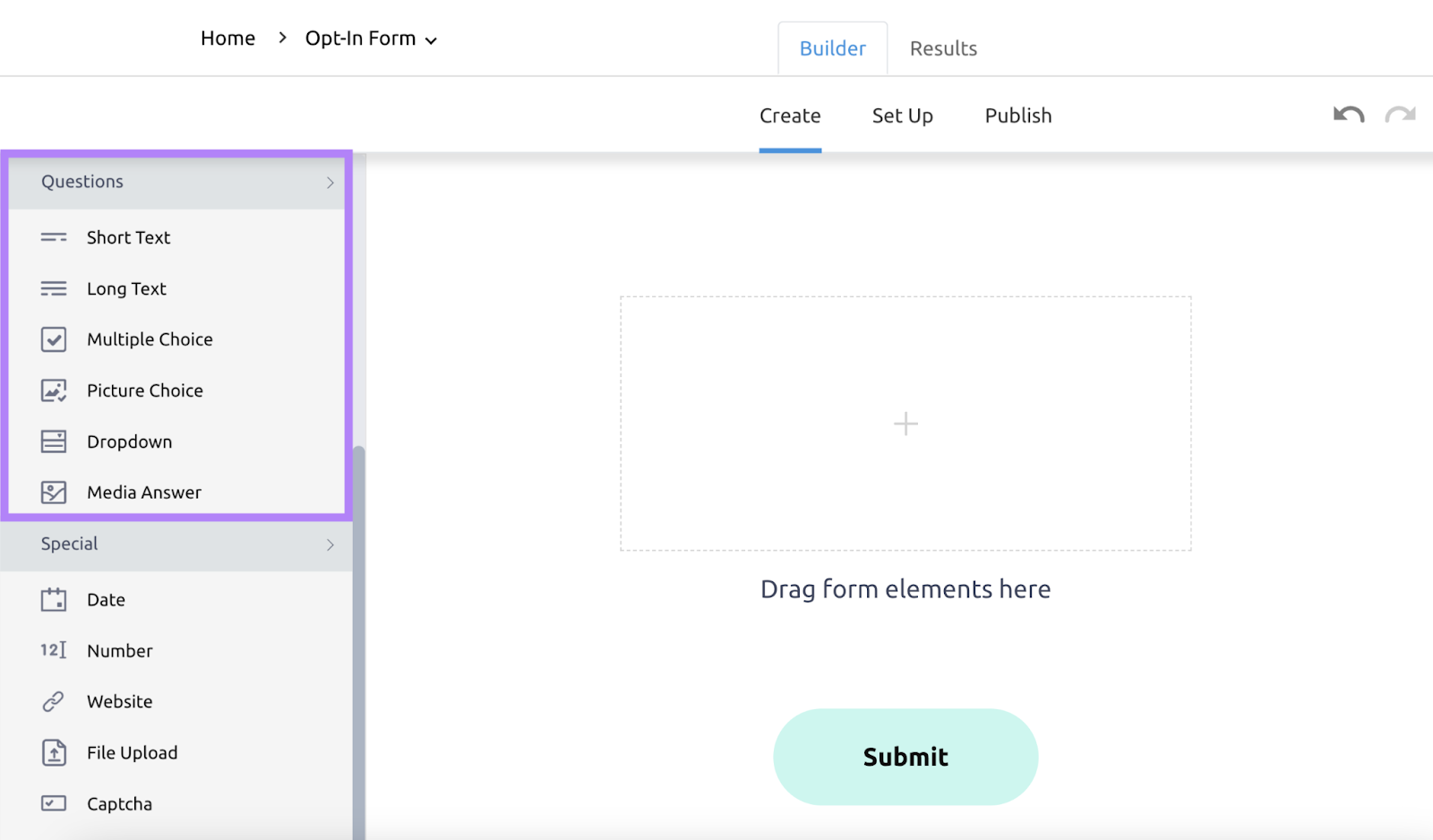 "Questions" drag and drop section in Lead Generation Forms builder