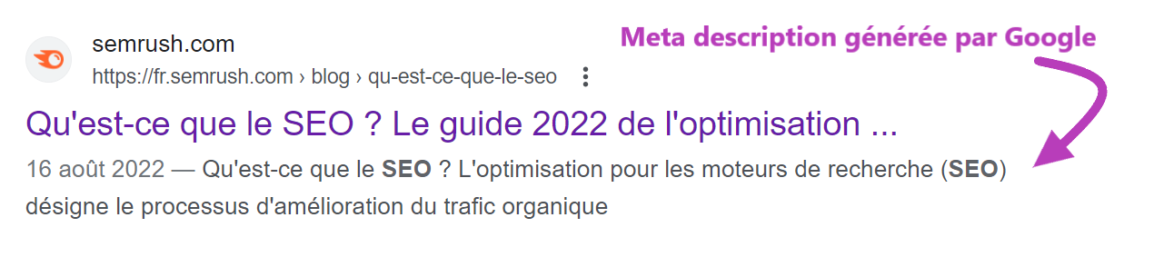 Meta description pour que veut dire SEO : générée par Google