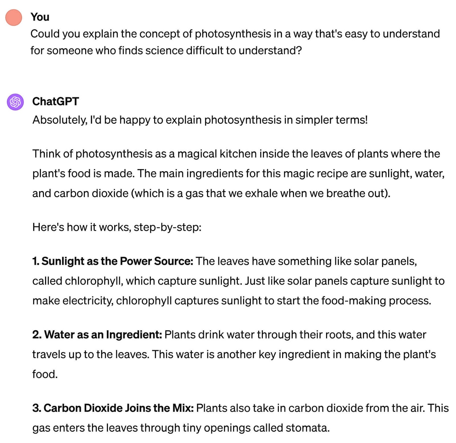 A prompt asking ChatGPT to explain the concept of photosynthesis in a way that is easy to understand