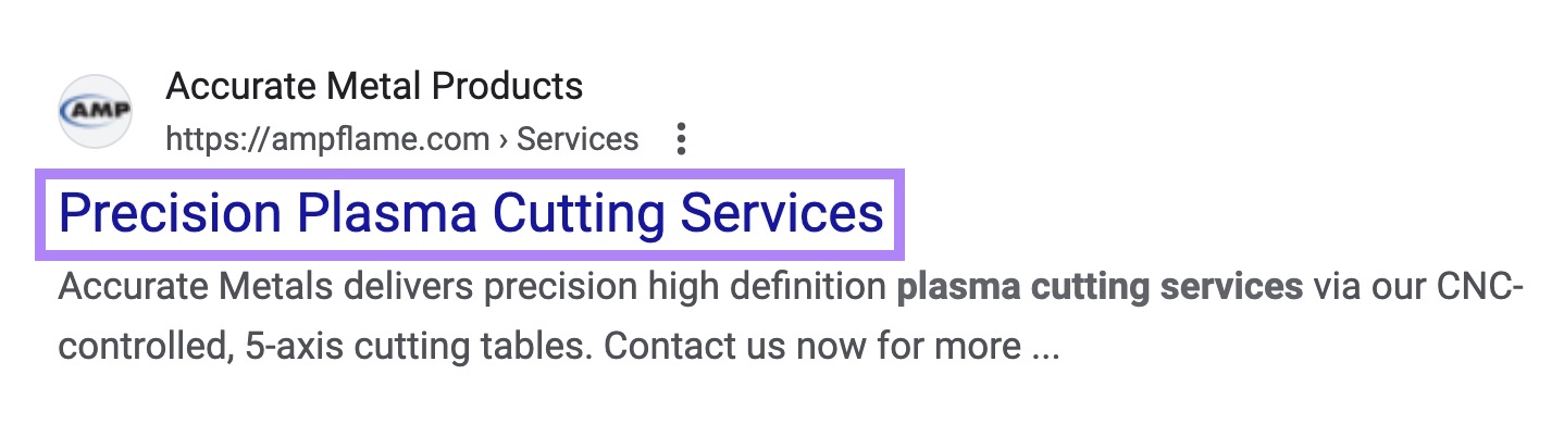 SERP listing of manufacturing company Accurate Metal Products with “plasma cutting services” in the title tag highlighted.