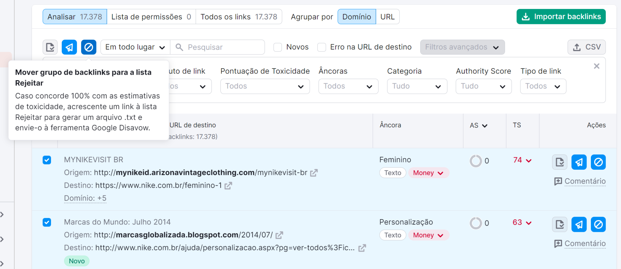 ferramenta Backlink Audit lista de rejeição