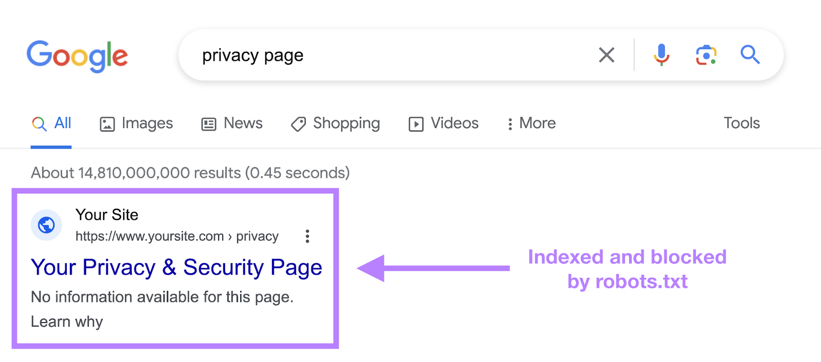 Example of page indexed and blocked by robots.txt in search results