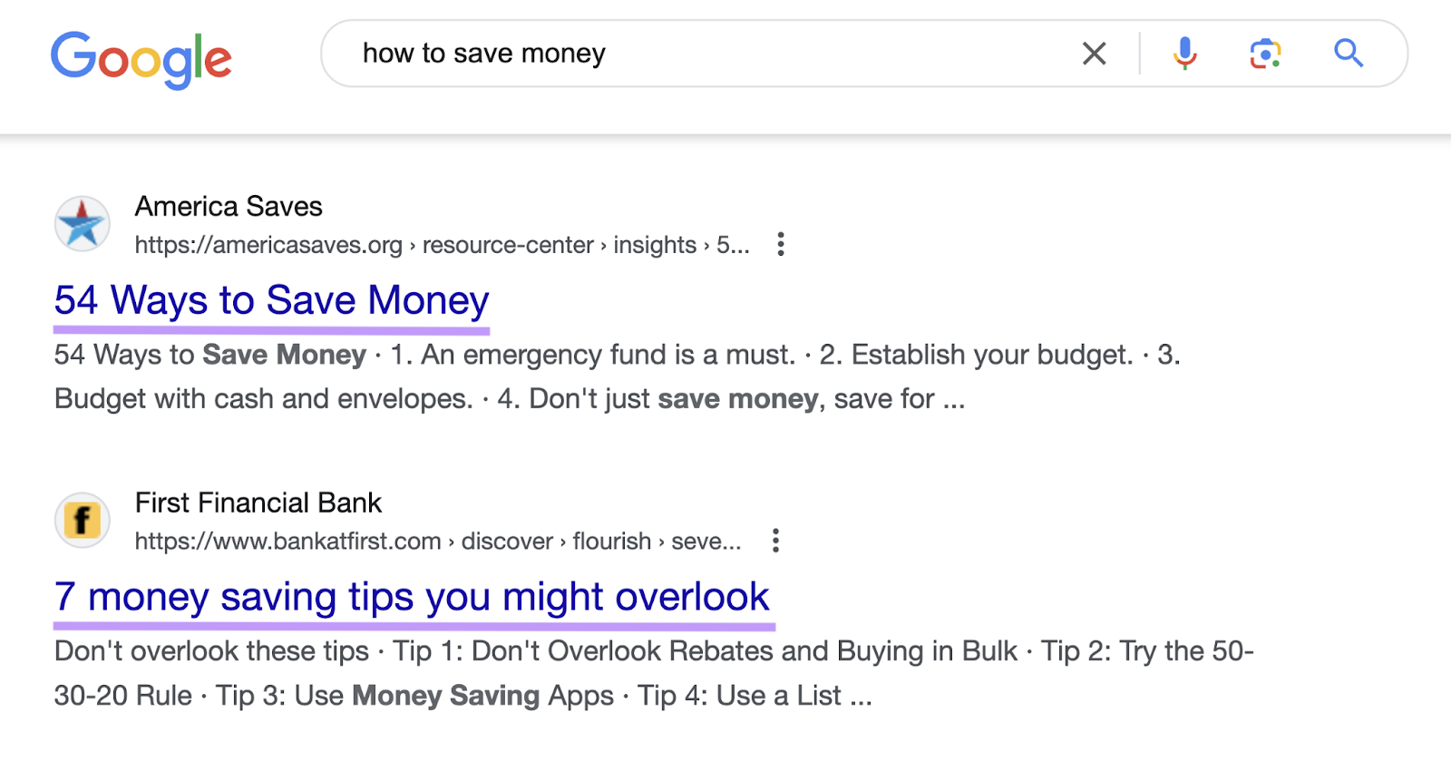 title tags highlighted in the SERP say "54 ways to save money" and "7 money saving tips"