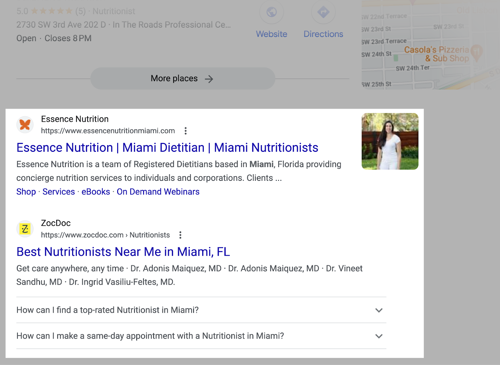 Organic results in Google for “nutritionist miami”