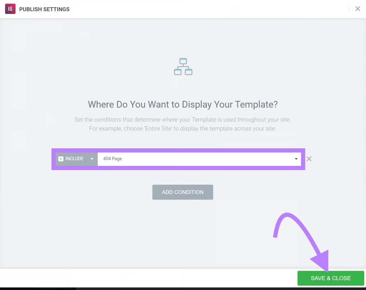 Elementor template publish screen for 404 page.