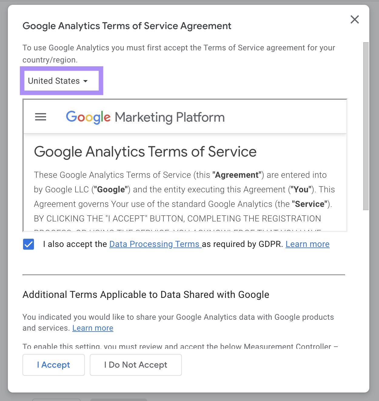 Google Analytics terms of service agreement screen