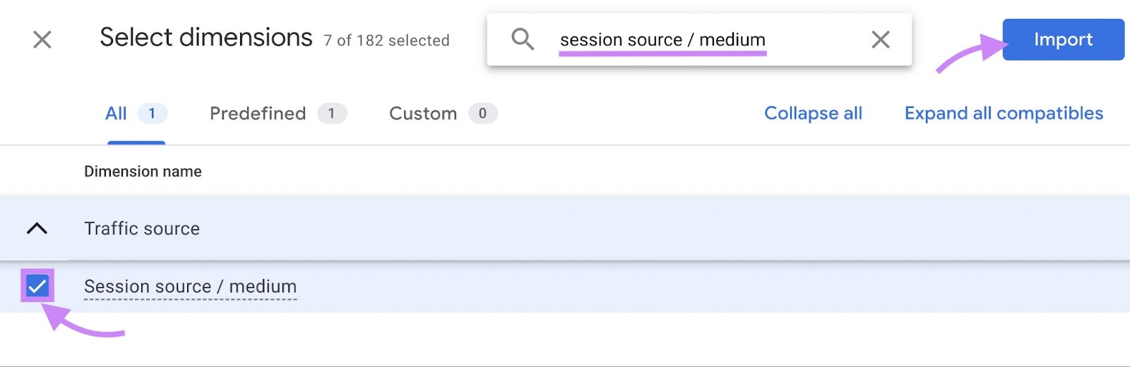 “session source / medium” dimension selected