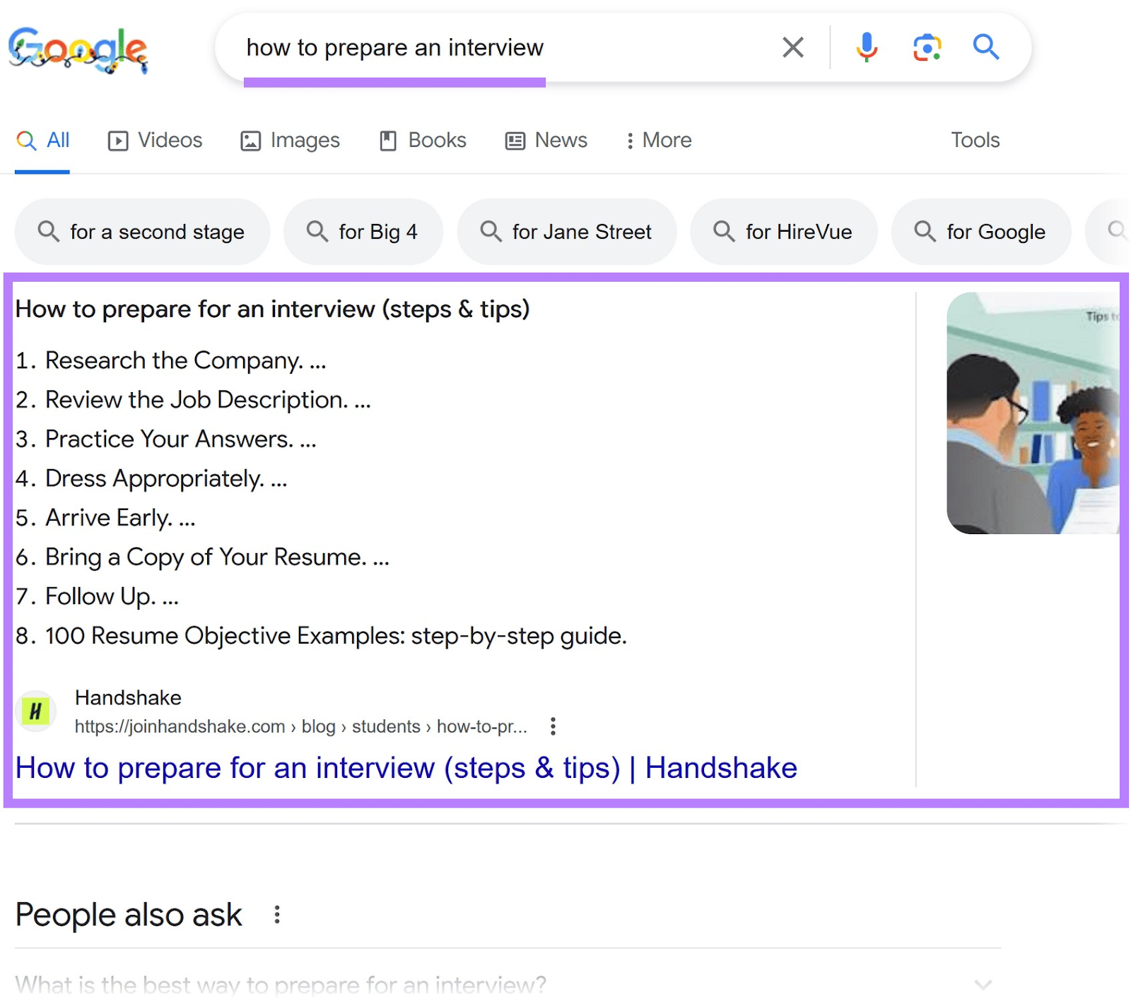 A featured snippet for “how to prepare an interview” on desktop