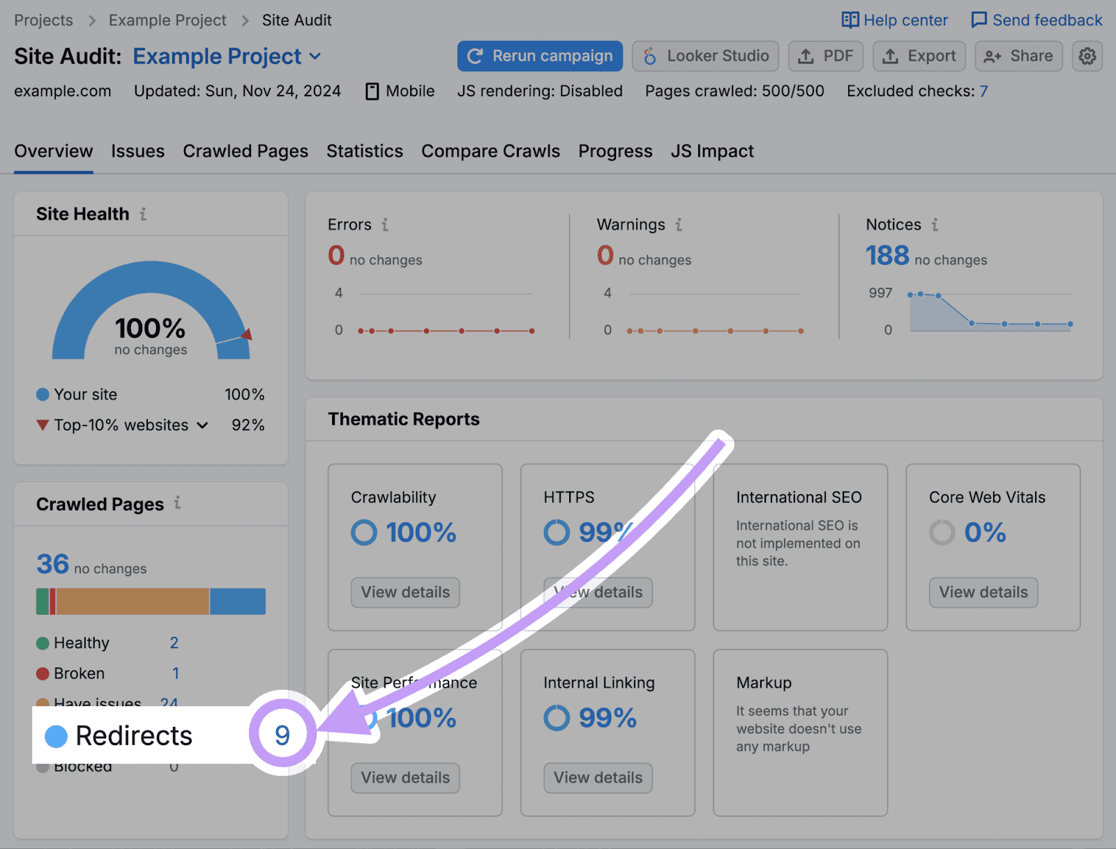 "Redirects" button highlighted in Semrush's Site Audit tool