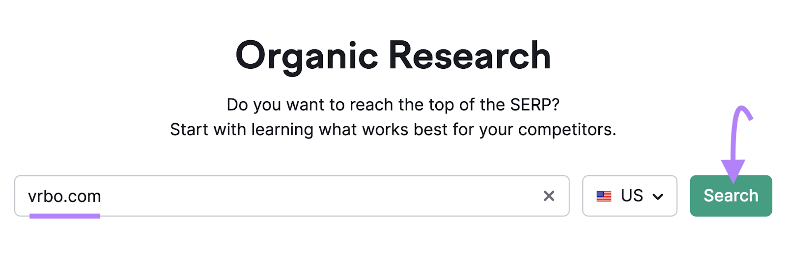 "vrbo.com" entered into the Organic Research tool search bar