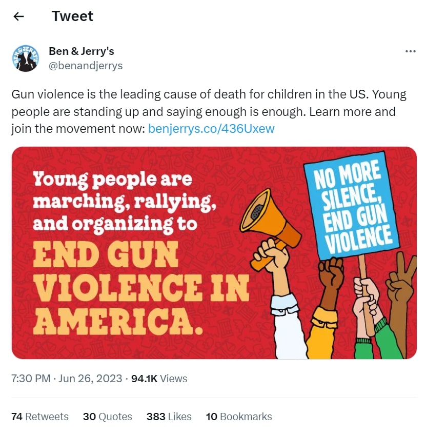 Ben & Jerry's post on X, calling for end of gun violence