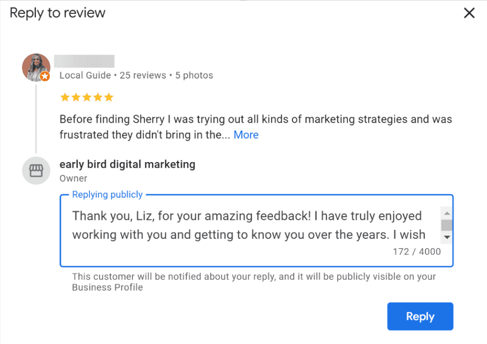 Replying to a customer review from Review Management tool