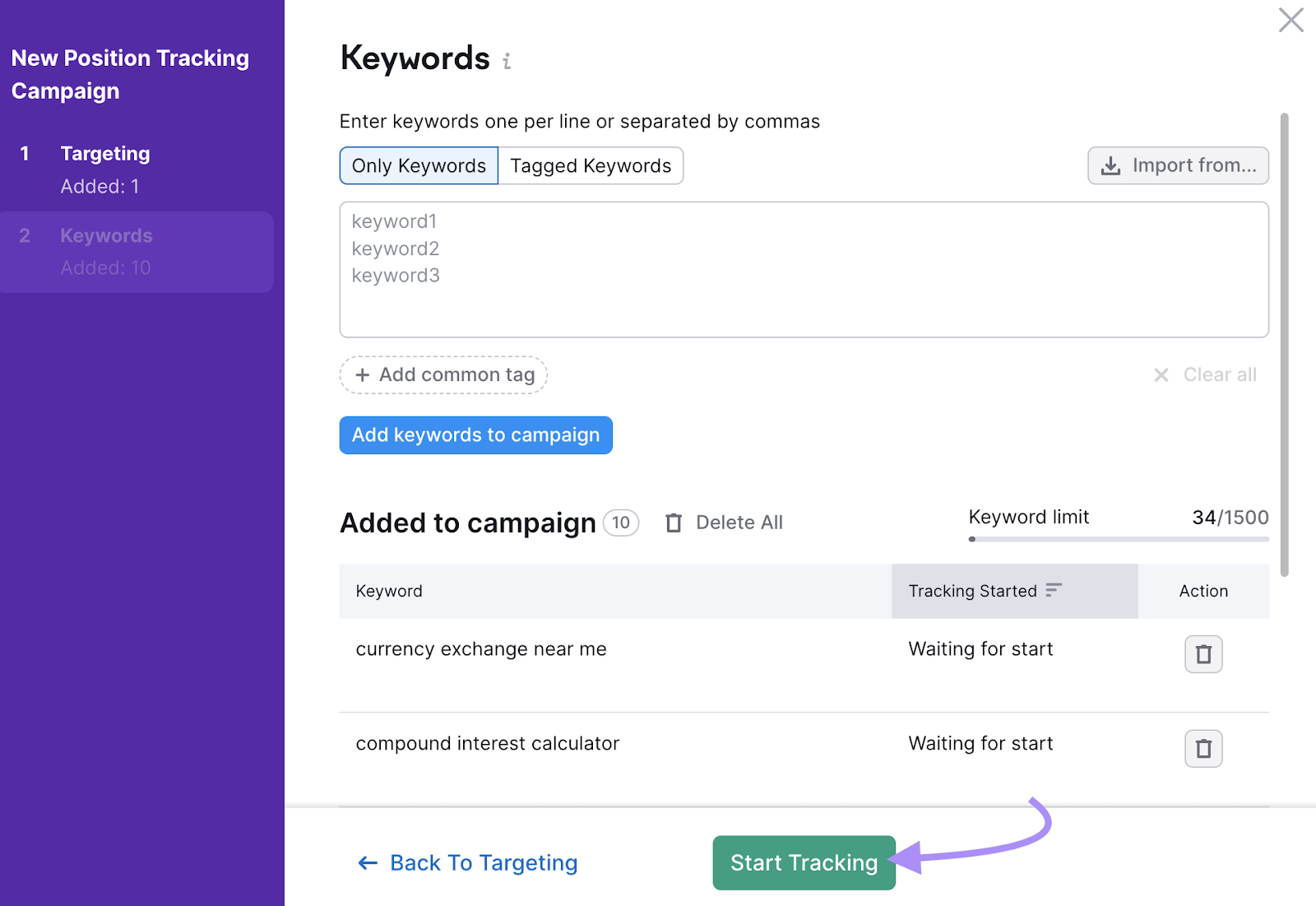 “Start Tracking" button selected in the "Keywords" window