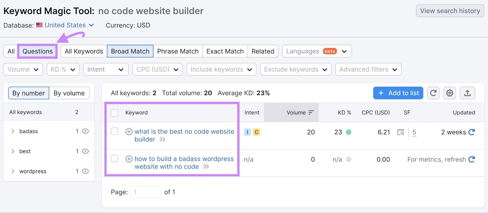 Keyword Magic Tool "Questions" results for "no code website builder"