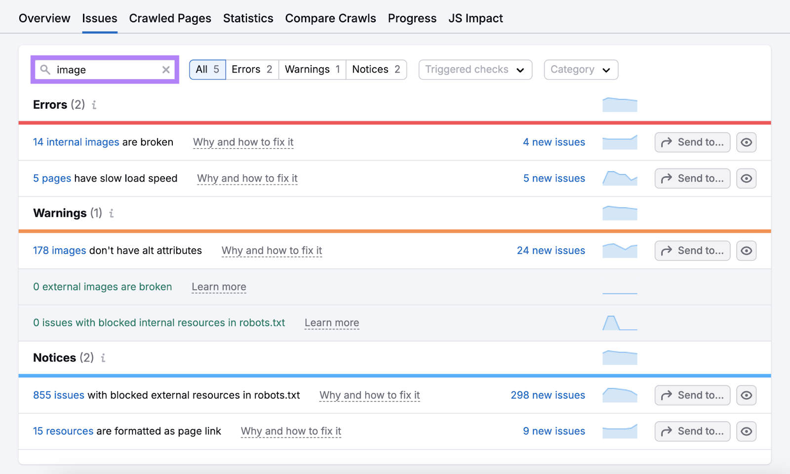 Search for "image" issues in Site Audit shows broken internal images, pages with slow load speed, and more