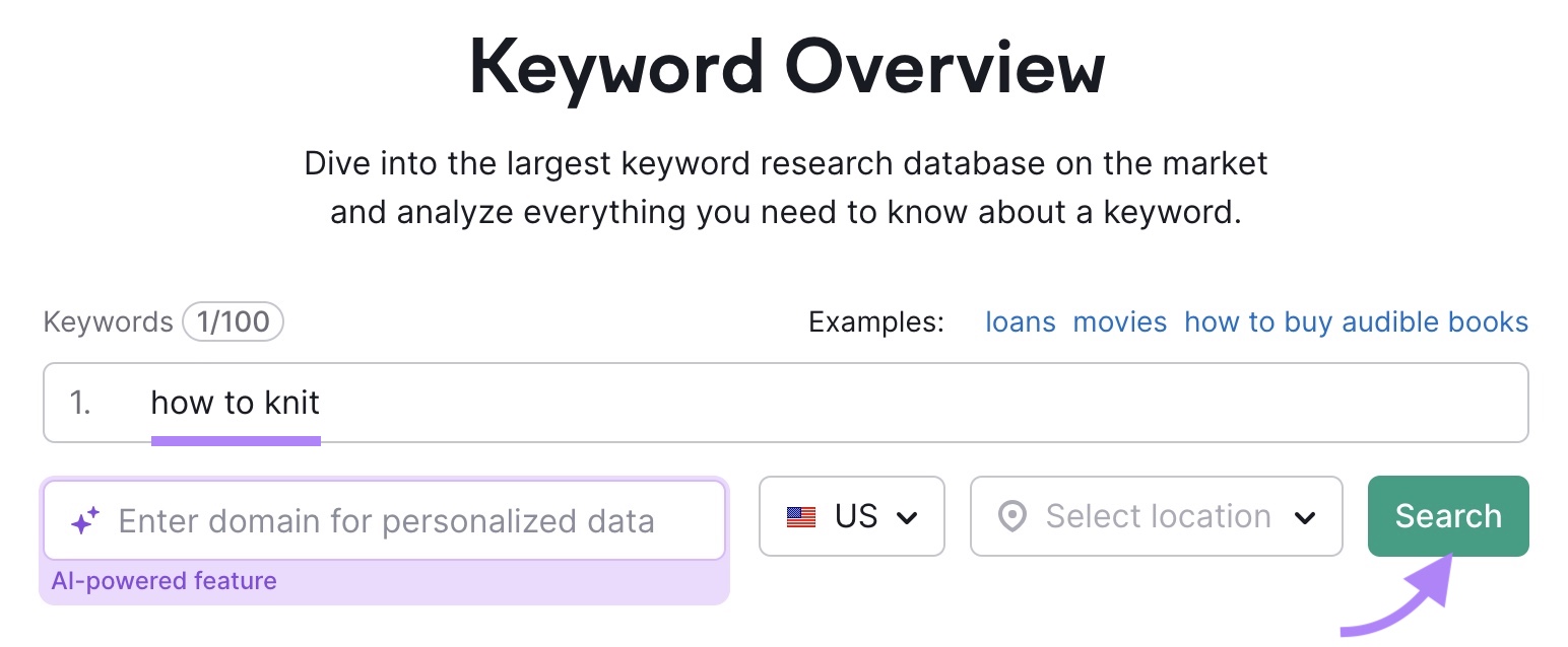 Keyword Overview tool start with "how to knit" entered and the "Search" button highlighted.