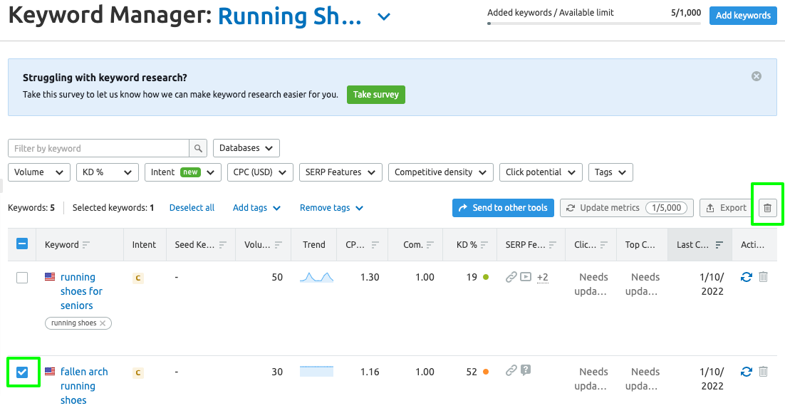 screenshot of semrush keyword manager tool - results selected