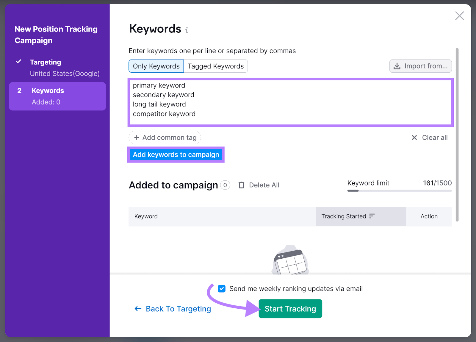 Keywords input box and Add keywords to campaign button highlighted with arrow pointing to Start Tracking button