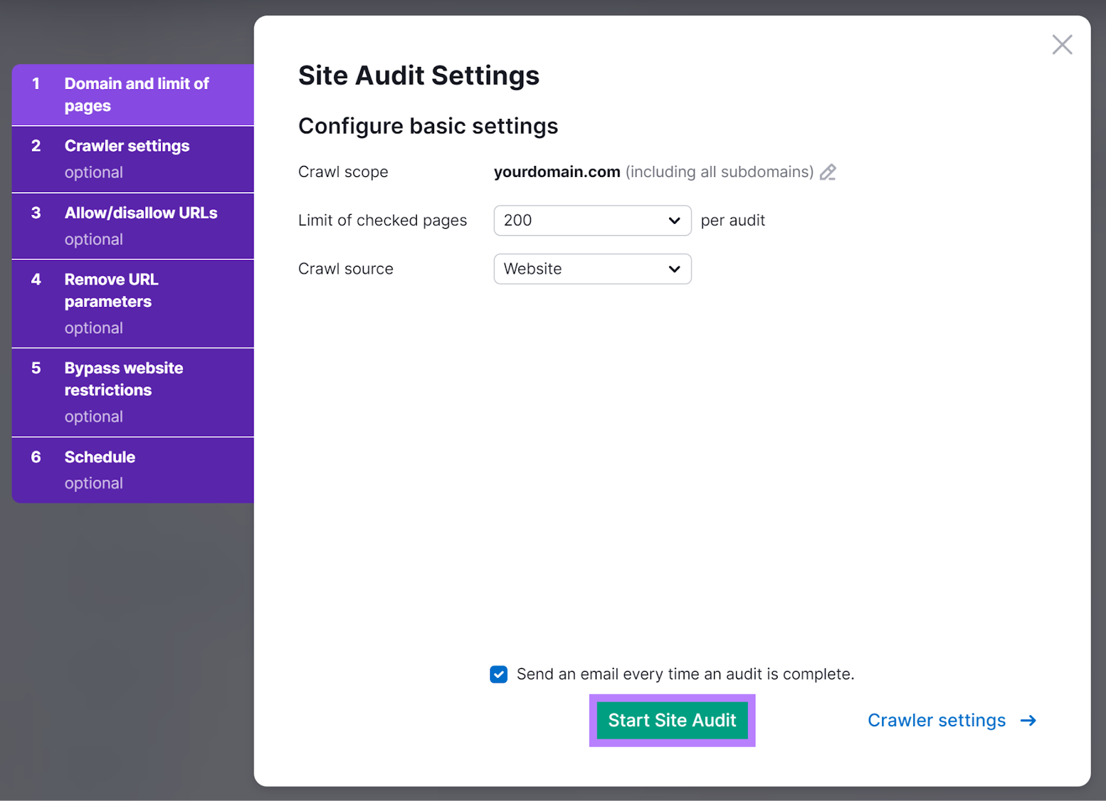 Site Audit settings popup with Start Site Audit button highlighted.