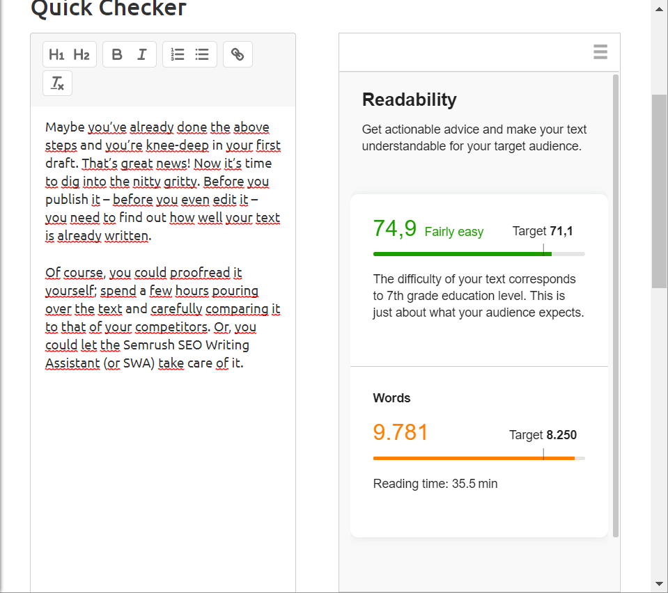 readability and word count SEO writing assistant