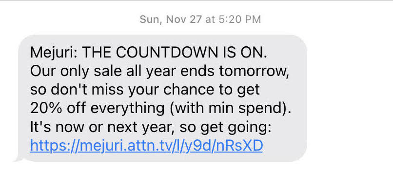 SMS marketing message says "the countdown is on. our only sale all year ends tomorrow" and includes a hyperlink