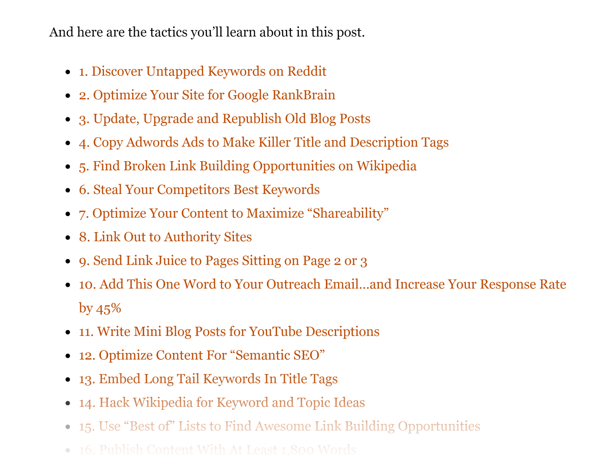 SEO Techniques Table Of Contents