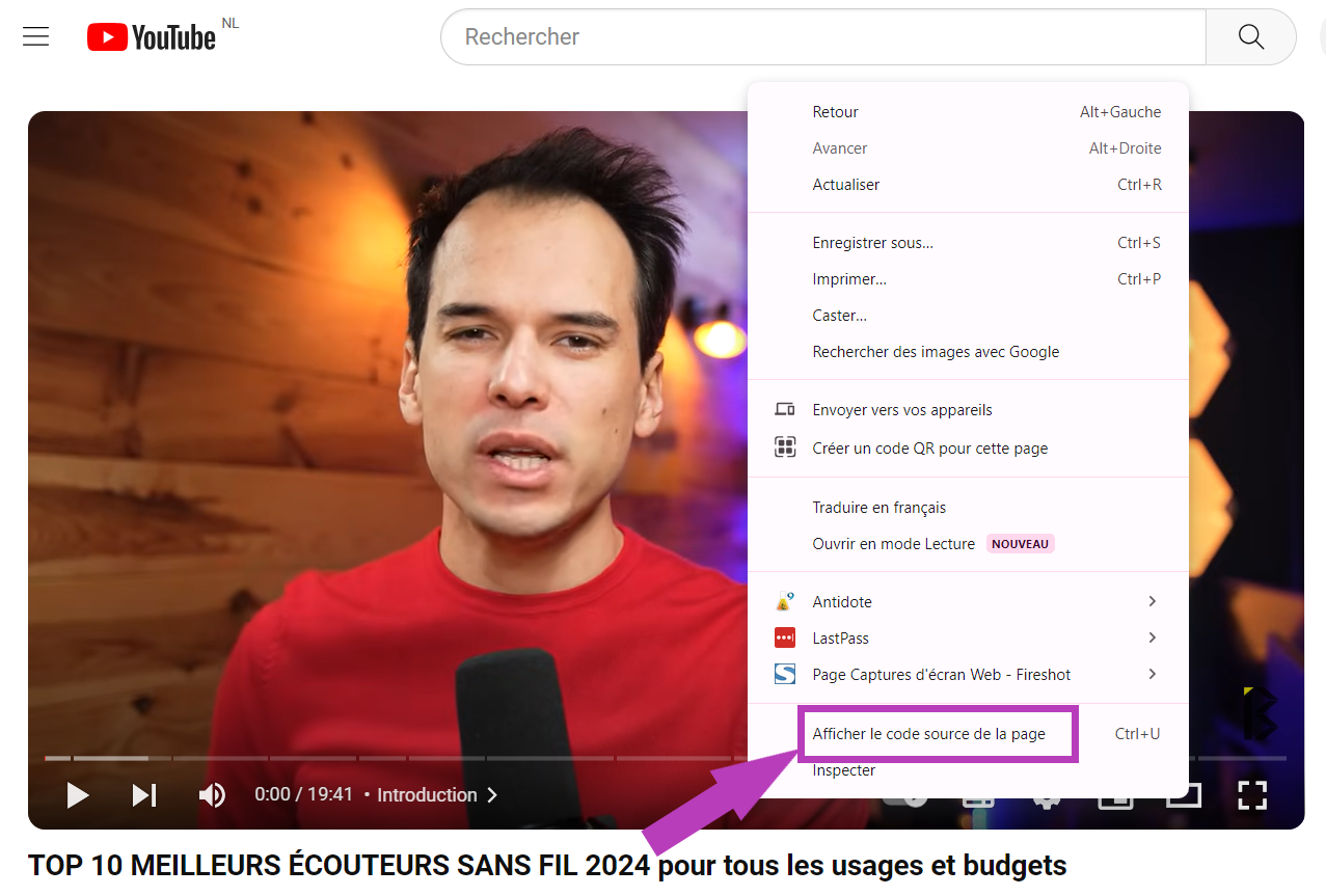 Afficher le code source de la page sur YouTube