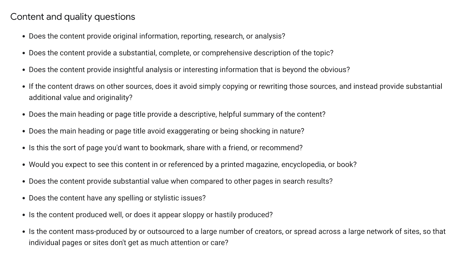 Google's content qualities questions