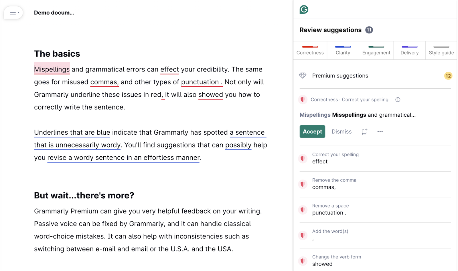 Grammarly demo papers  showing substance   with grammar suggestions.