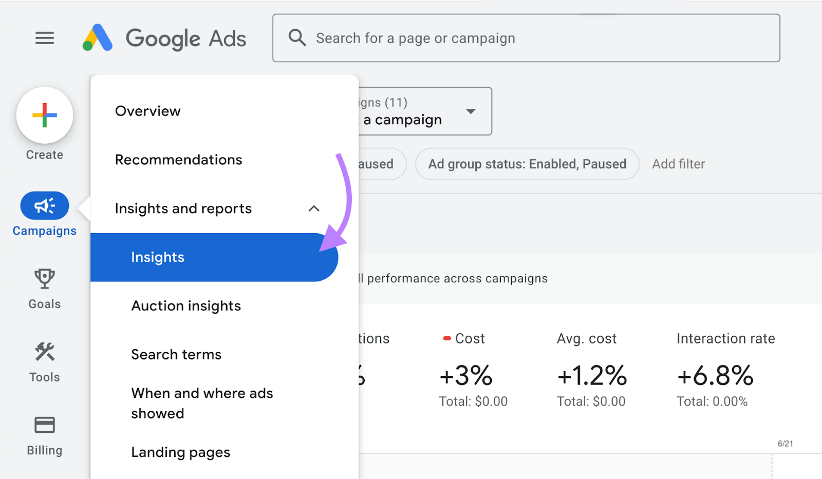 navigate to Insights in google ads