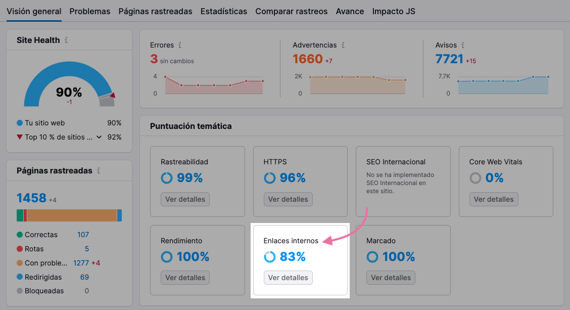 Informe de enlaces internos en Auditoría del sitio