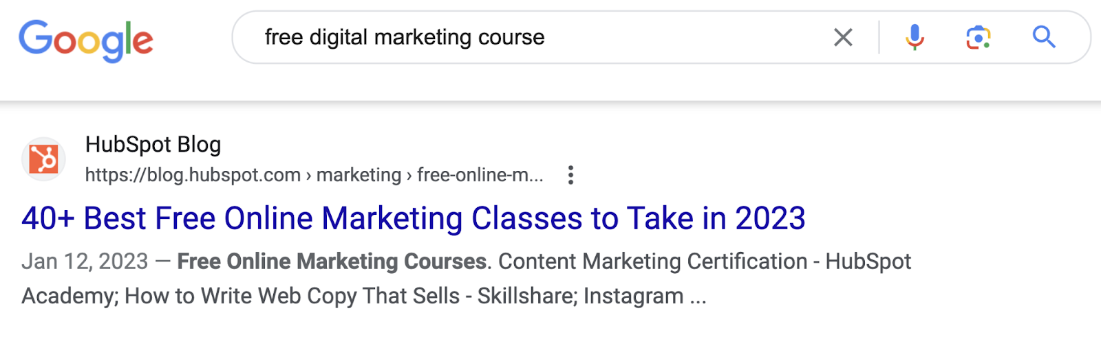 HubSpot listicle for free digital marketing courses on Google SERP