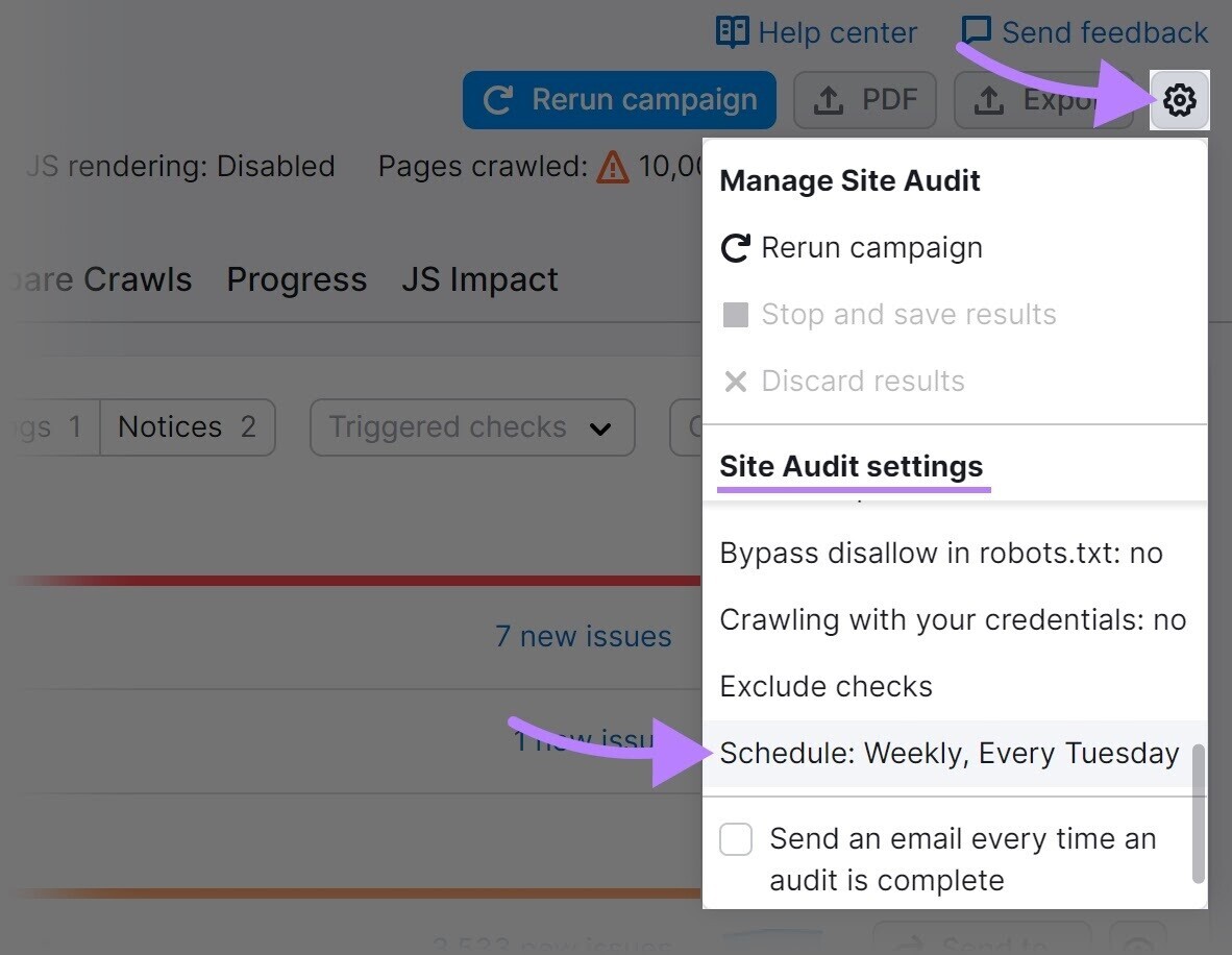 site audit schedule set to "Schedule: Weekly, Every Tuesday" in “Site Audit settings”