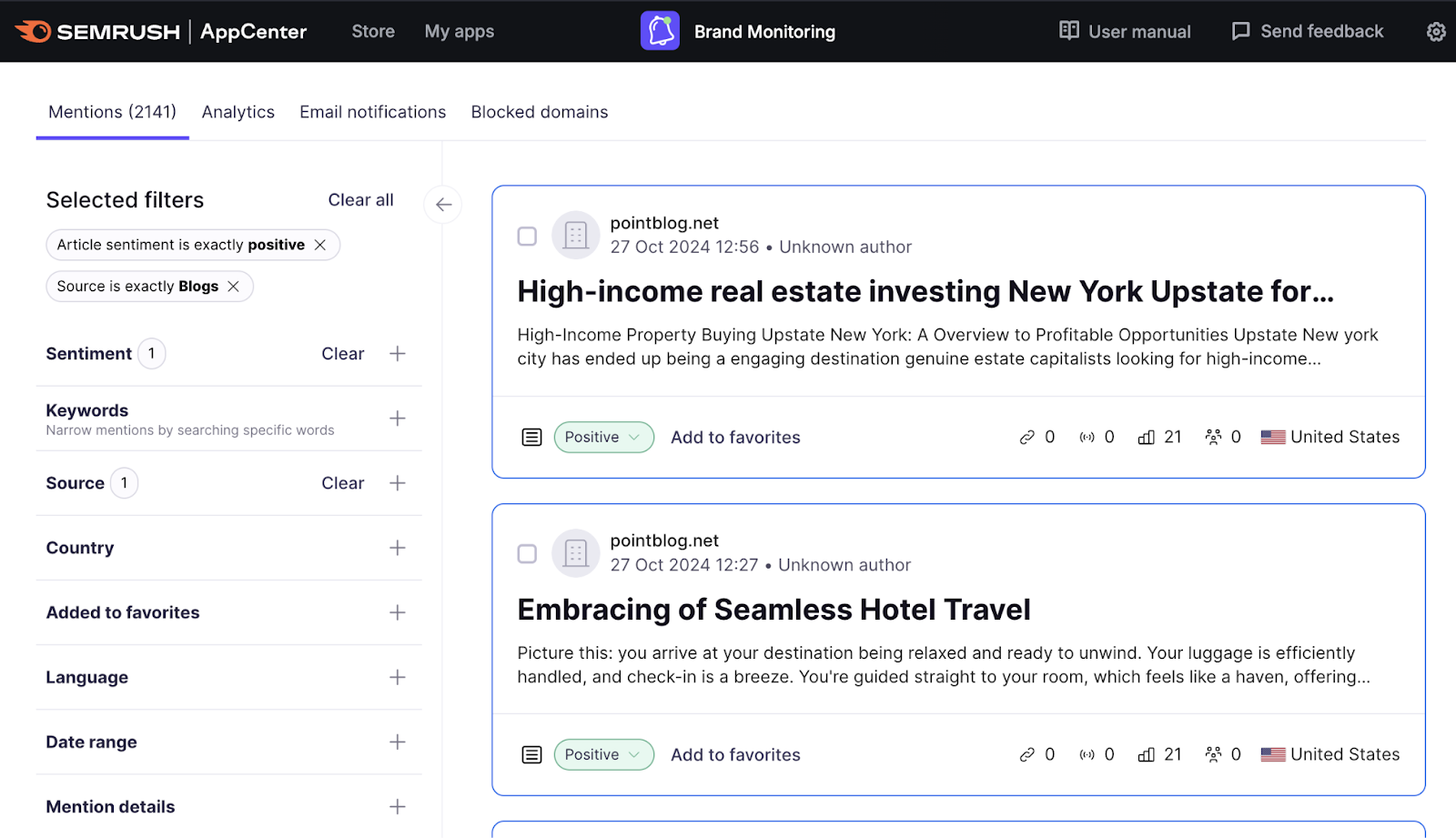 ،nd mentions filtered for positive sentiment and blog posts as a source