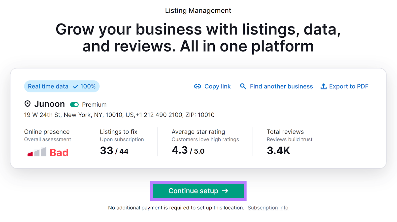 Continue setup button highlighted under local listing overview section