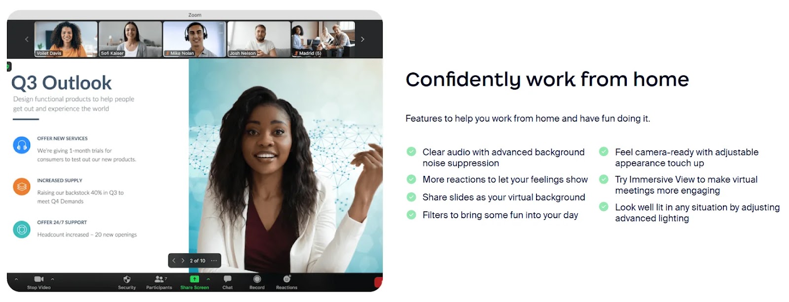 Zoom Meetings benefit "Confidently work from home" listing a number of featured that enable that