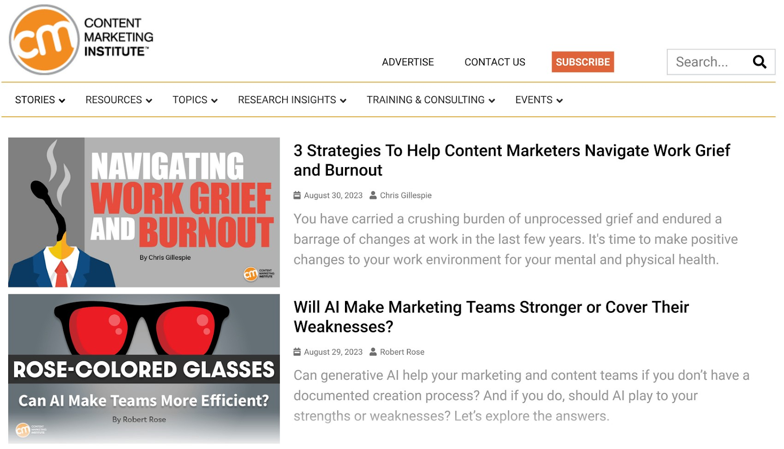 Content Marketing Institute blog page