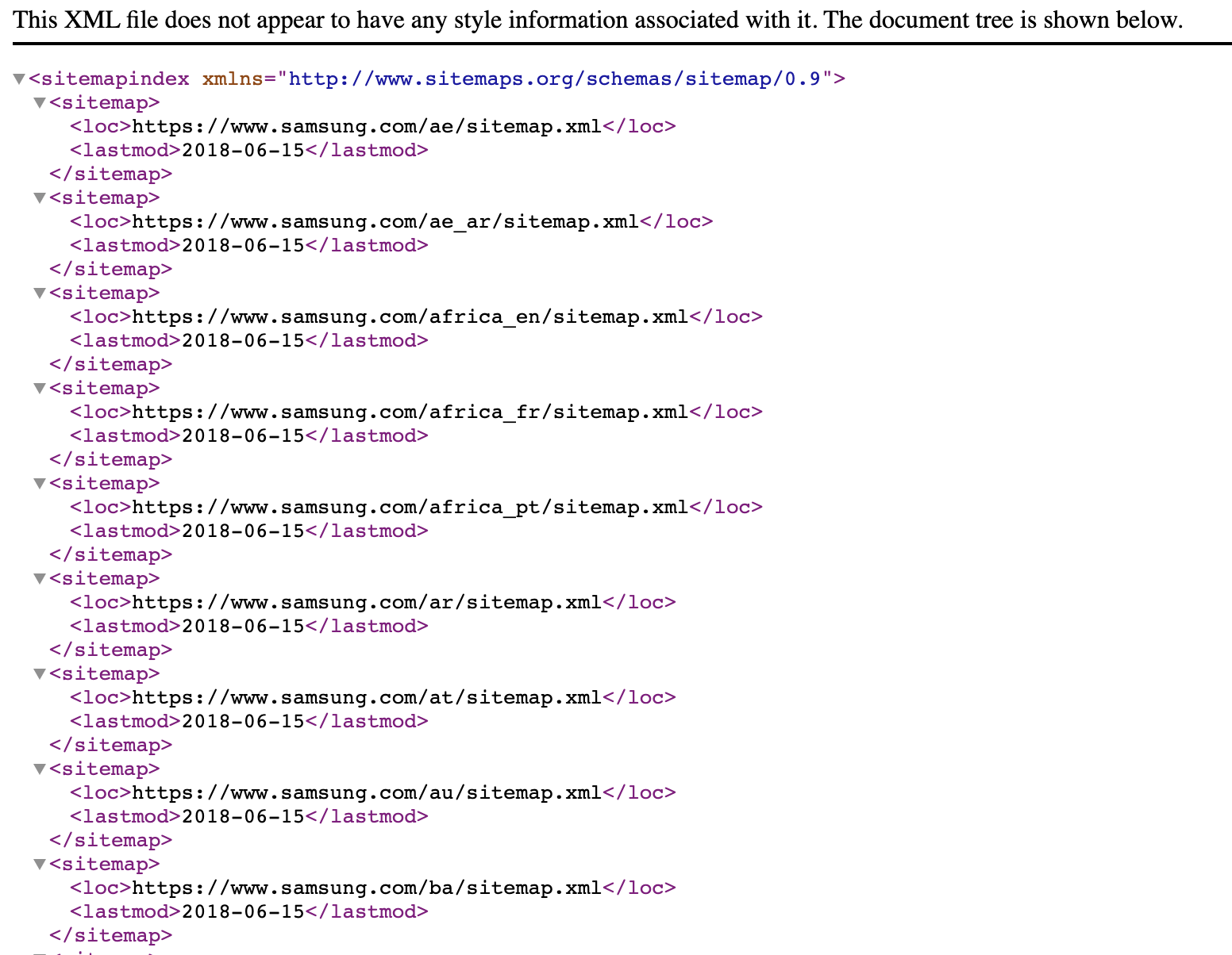 Samsung’s XML sitemap
