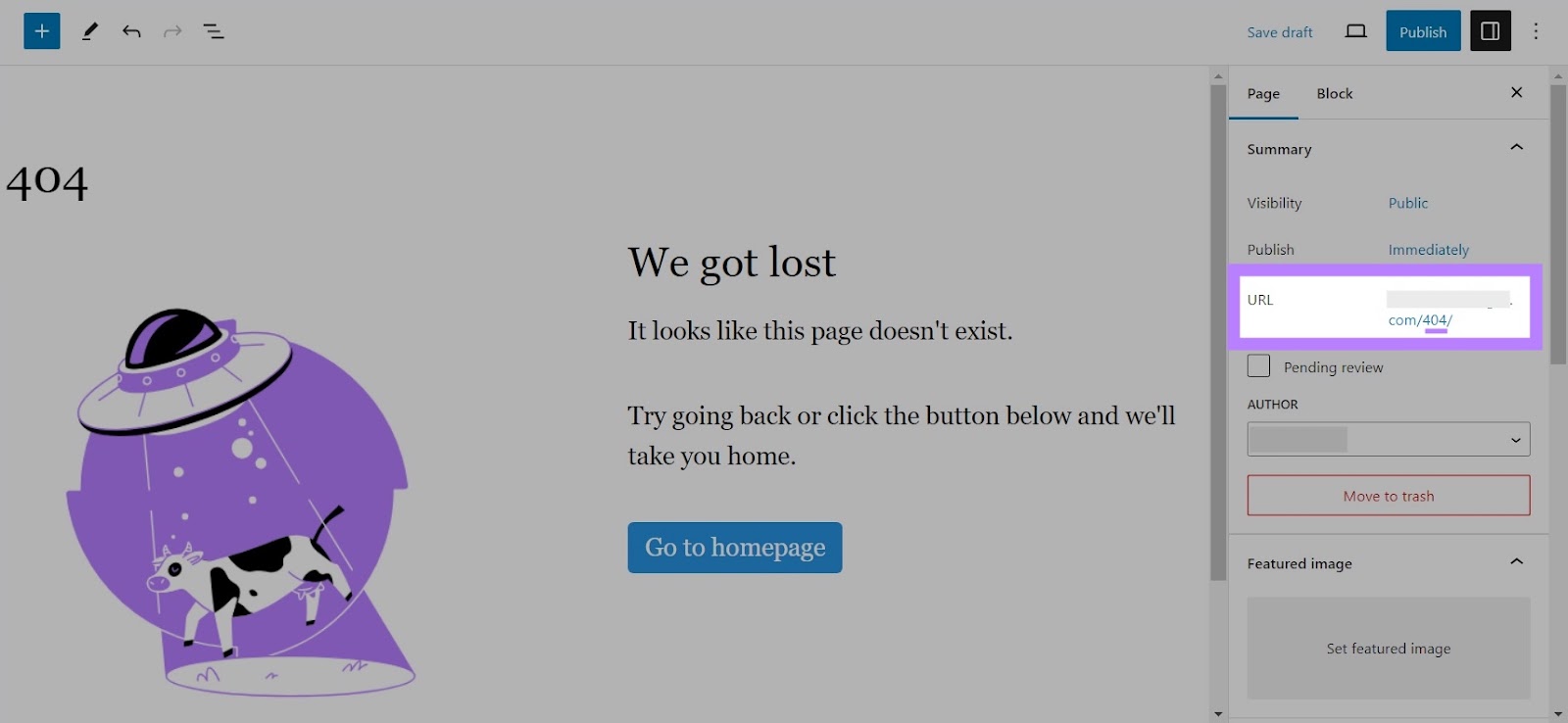 WordPress Gutenberg editor for a custom 404 page.