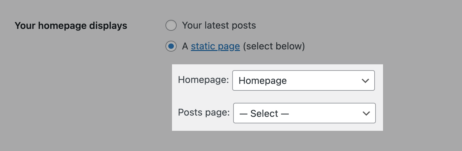 homepage settings options